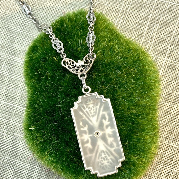 Alluring Vintage Filigree Sterling Silver Diamond and Camphor Glass Necklace - Picture 3 of 6
